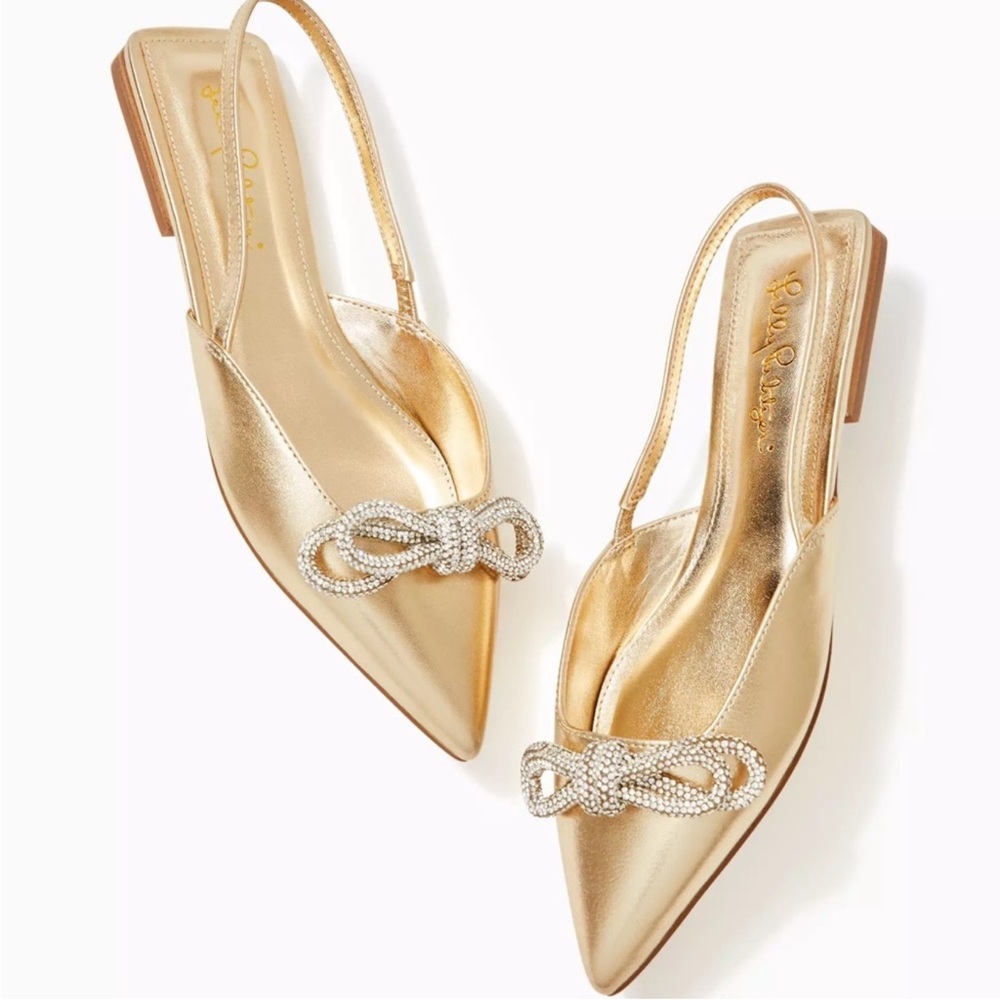 Lilly Pulitzer Brit Gold Rhinestone Bow Slingback Flats Size 9